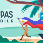 Illustration of a man carrying a Philippine flag along a tropical beach, with 'ALPAS MOBILE' text and an eSIM chip logo image nearby in the palm tree scene.