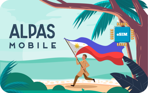 Illustration of a man carrying a Philippine flag along a tropical beach, with 'ALPAS MOBILE' text and an eSIM chip logo image nearby in the palm tree scene.