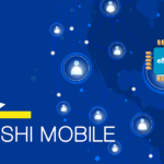 Banner for Dushi Mobile showing a blue world map network with connected user icons and an eSIM chip, branding on left side.
