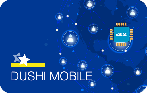 Banner for Dushi Mobile showing a blue world map network with connected user icons and an eSIM chip, branding on left side.