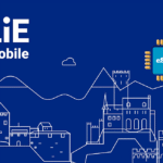 Blue background with a white line-art cityscape, LiE mobile logo, and an eSIM chip on the right.