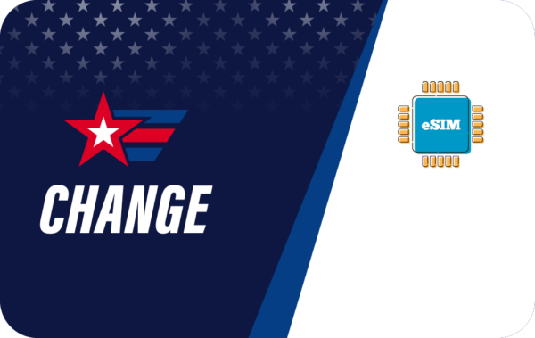 Patriotic banner with a red star logo, bold 'CHANGE' text on dark blue background, and an eSIM chip icon on the right surface.