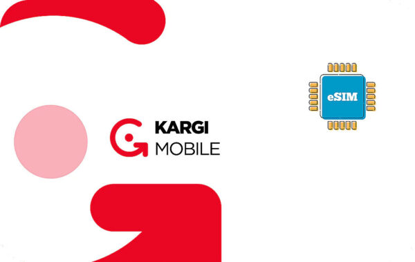 KARGI MOBILE logo next to an eSIM chip icon on a white background with red abstract shapes nearby.