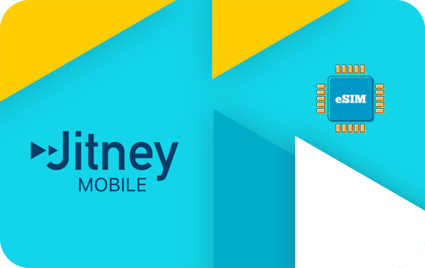 Jitney Mobile logo on a blue-teal gradient with yellow accents and a blue eSIM chip illustration.