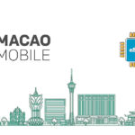 Macao Mobile branding with MACAO MOBILE text, an eSIM chip icon, and a teal skyline illustration.
