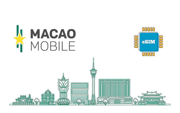 Macao Mobile branding with MACAO MOBILE text, an eSIM chip icon, and a teal skyline illustration.