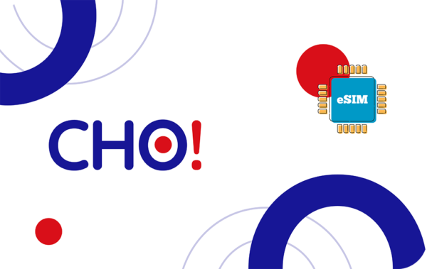 Brand graphic: the text CHO! in blue with a red exclamation, a blue eSIM chip illustration, and abstract blue rings on a white background