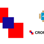 Overlapping red and blue squares on a white background, with an eSIM chip icon and the CRONET logo.
