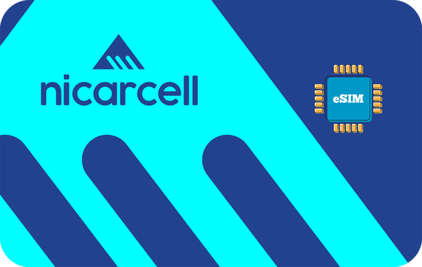 Nicarcell logo on a blue and cyan graphic, with a small eSIM chip icon on the right