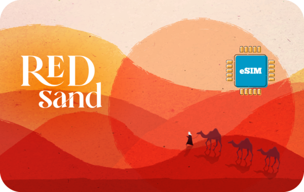 Brand banner: 'RED sand' text over layered orange desert shapes, with a blue eSIM chip icon on the right and camel silhouettes in the dunes.