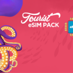 Promotional banner showing a purple octopus with a pink background, text 'Tourist eSIM Pack' and a blue eSIM chip on the right; Maldives logo bottom-left.