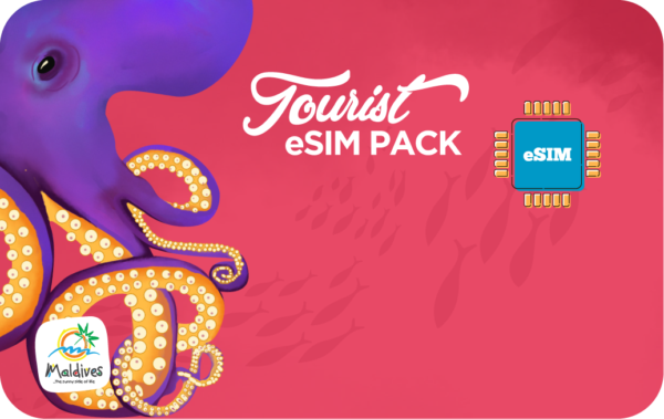 Promotional banner showing a purple octopus with a pink background, text 'Tourist eSIM Pack' and a blue eSIM chip on the right; Maldives logo bottom-left.