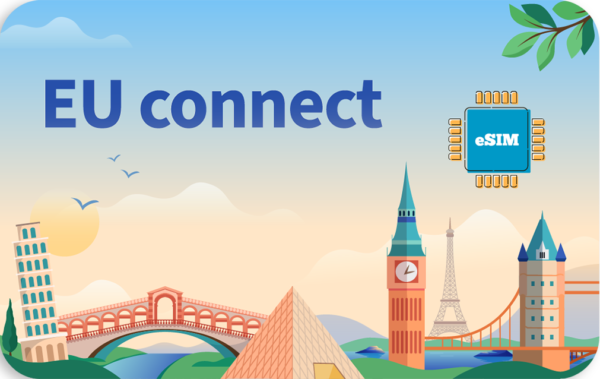 Illustration promoting EU connect with a blue eSIM chip and world landmarks like Big Ben, Eiffel Tower, and pyramids in a sunny landscape.