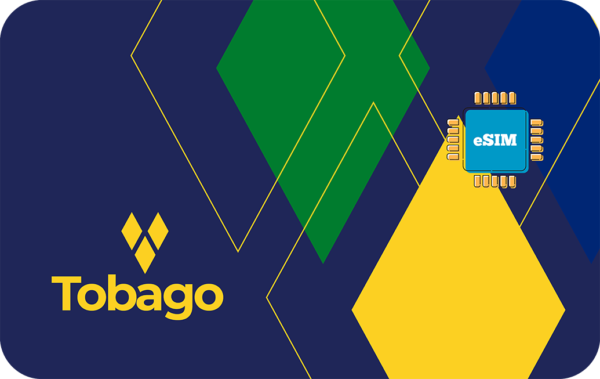 Brand banner featuring Tobago logo on a navy background with geometric diamonds and a blue eSIM chip on a yellow diamond.