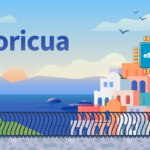 Colorful coastal scene with pastel buildings by the water, the word 'Boricuá' on the left and an eSIM chip graphic on the right.