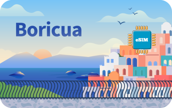 Colorful coastal scene with pastel buildings by the water, the word 'Boricuá' on the left and an eSIM chip graphic on the right.