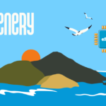 Blue sky over an island with mountains and sea, sunset, seagulls, and a blue eSIM chip icon labeled eSIM in the upper-right corner.