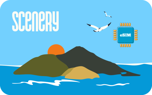Blue sky over an island with mountains and sea, sunset, seagulls, and a blue eSIM chip icon labeled eSIM in the upper-right corner.
