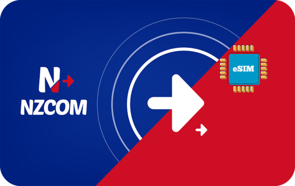 Branding graphic for NZCOM with a large white right arrow on a blue-and-red split background and an eSIM chip graphic.