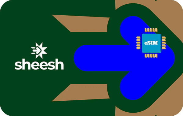 Promotional banner showing the Sheesh logo and a blue eSIM chip icon on a green background.