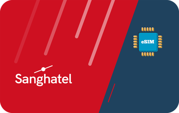 Branding banner with Sanghatel logo on red panel and a blue eSIM chip icon on the right.