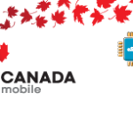 Canada Mobile banner with red maple leaves along the top and a blue eSIM chip icon on the right.