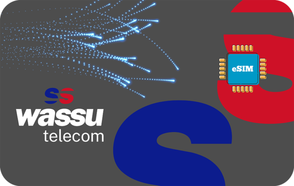 Wassu Telecom logo with blue eSIM chip on a dark gray background and bright blue network lines above.