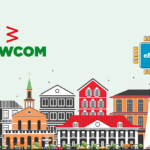 KAWCOM branding with a stylized city skyline and an eSIM chip graphic on the right.