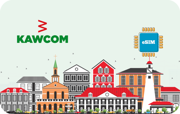 KAWCOM branding with a stylized city skyline and an eSIM chip graphic on the right.