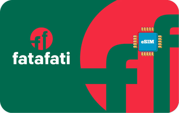 Fatafati logo on a green and red background with a blue eSIM chip illustration