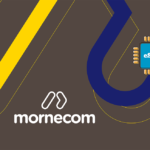 Branding image for Mornecom featuring a blue eSIM chip icon on a brown background with yellow and blue curved stripes.