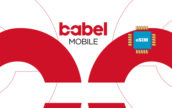 Babel Mobile logo with an eSIM chip graphic on a white background and red curved shapes around it.