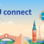 Illustrated banner for EU connect with an eSIM chip and stylized world landmarks like Big Ben, Eiffel Tower and pyramids under a blue sky.