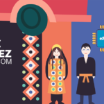 Brand illustration for EZ SAREZ TELECOM showing a woman in a traditional dress, a man, and a blue eSIM chip icon on the right.
