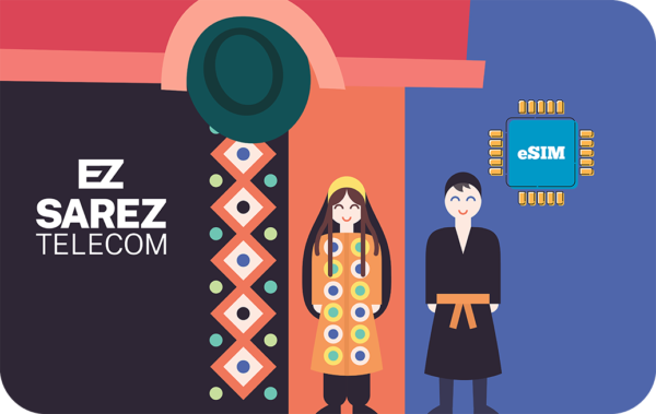Brand illustration for EZ SAREZ TELECOM showing a woman in a traditional dress, a man, and a blue eSIM chip icon on the right.