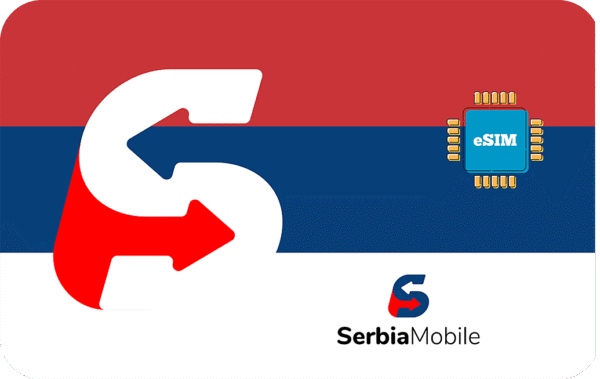 SerbiaMobile eSIM promotional graphic with flag colors and a white looping arrows symbol.