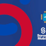 Branding graphic for Soroca Mobile featuring an eSIM chip and bold blue and red shapes on a blue background