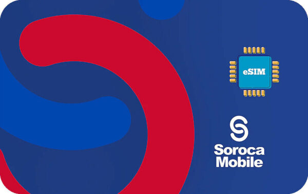 Branding graphic for Soroca Mobile featuring an eSIM chip and bold blue and red shapes on a blue background