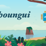 Tropical coastal illustration with the word 'Choungui' and a blue eSIM chip icon near a tree on the right.
