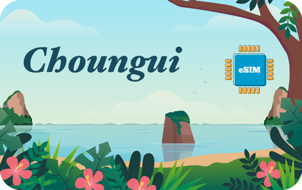 Tropical coastal illustration with the word 'Choungui' and a blue eSIM chip icon near a tree on the right.