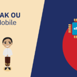 Brand banner: PAK OU Mobile logo with two smiling characters in traditional dress on a beige background beside a navy panel and an eSIM chip illustration on a red circle.