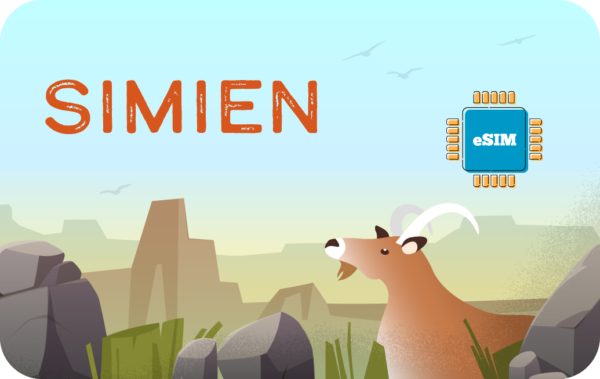 Bright illustration of a desert canyon with a goat, large orange 'SIMIEN' text at top, and a blue eSIM chip labeled 'eSIM' on the right.