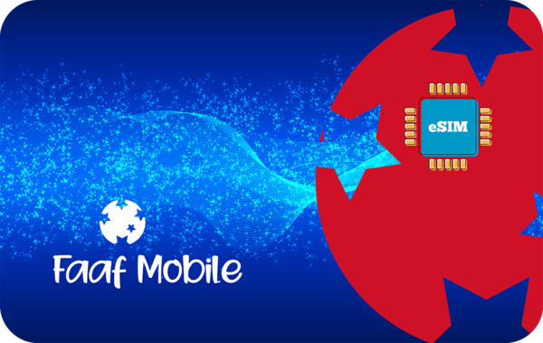 Blue gradient banner with a starry wave, Faaf Mobile logo on the left and a red circle with an eSIM chip on the right.