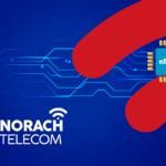 Telecom-themed image with an eSIM chip, circuit lines, and a blue smartphone on a deep blue background showing Norach Telecom logo.