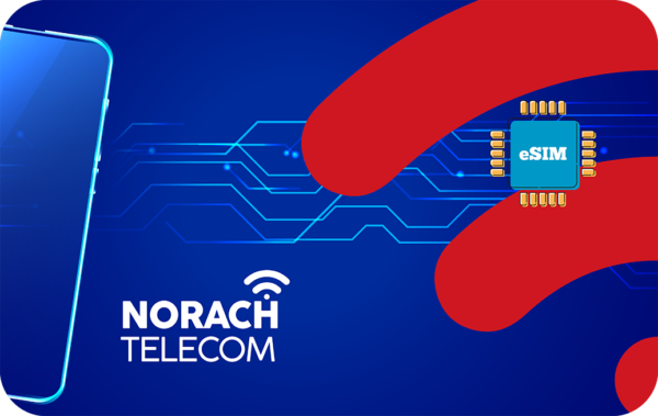 Telecom-themed image with an eSIM chip, circuit lines, and a blue smartphone on a deep blue background showing Norach Telecom logo.