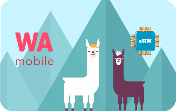 Whimsical mountains background with two llamas and a blue eSIM chip; WA mobile branding on the left.