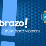Gráfico promocional en azul: 'abrázo' y 'eSIM para viajeros' junto a un chip eSIM azul.
