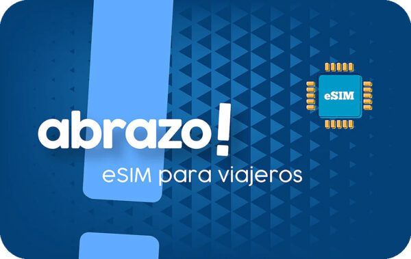 Gráfico promocional en azul: 'abrázo' y 'eSIM para viajeros' junto a un chip eSIM azul.