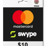 Gift card featuring Mastercard and Swype logos on a dark background, with a white header and a globe icon labeled Global, and a $10 price.