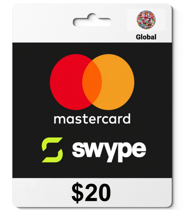 Gift card design featuring Mastercard and Swype logos on a black background, with a $20 price shown at the bottom